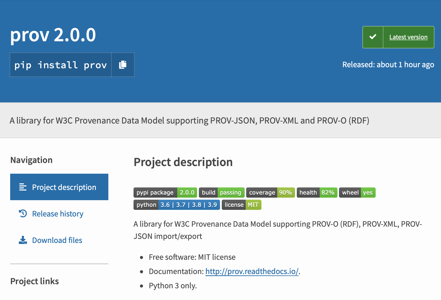 PROV Python package on pypi.org